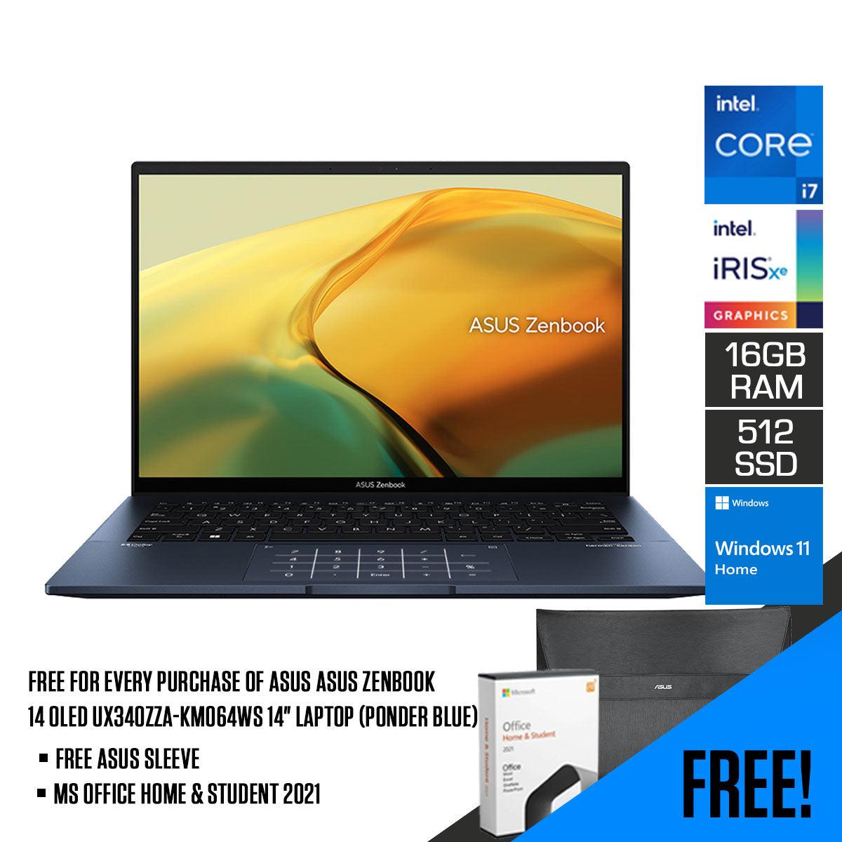 ASUS Zenbook 14 Oled UX3402ZA-KM064WS Laptop (Ponder Blue) | 14" 2.8K | i7-1260P | 16GB RAM | 512GB SSD | Intel Iris Xe | Windows 11 Home | MS Office Home & Student 2021 | ASUS Sleeve