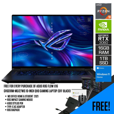 ASUS ROG Flow X16 GV601RM-M5127WS Gaming Laptop (Off Black) | 16”  QHD | Ryzen™ 9 6900HS | 16GB RAM DDR5| 1TB SSD | RTX™ 3060 | Windows 11 Home | MS Office H&S 2021 | Mouse | Stylus Pen | Type-C AC Adapter | ROG Backpack