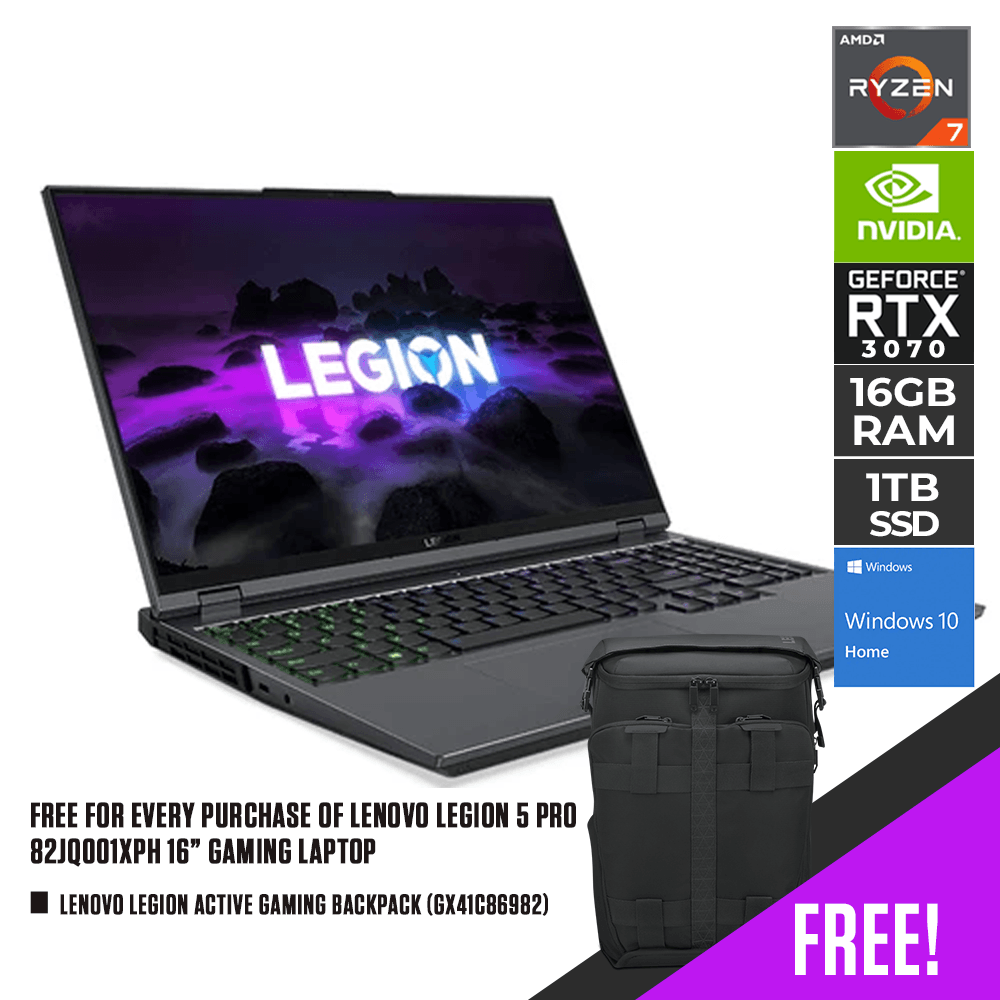 LENOVO LEGION 5 PRO 82JQ001XPH GAMING LAPTOP | 16" QHD | R7-5800H | 16GB DDR4 | 1TB SSD | RTX 3070 | WIN10 + LENOVO LEGION ACTIVE GAMING BACKPACK (GX41C86982)