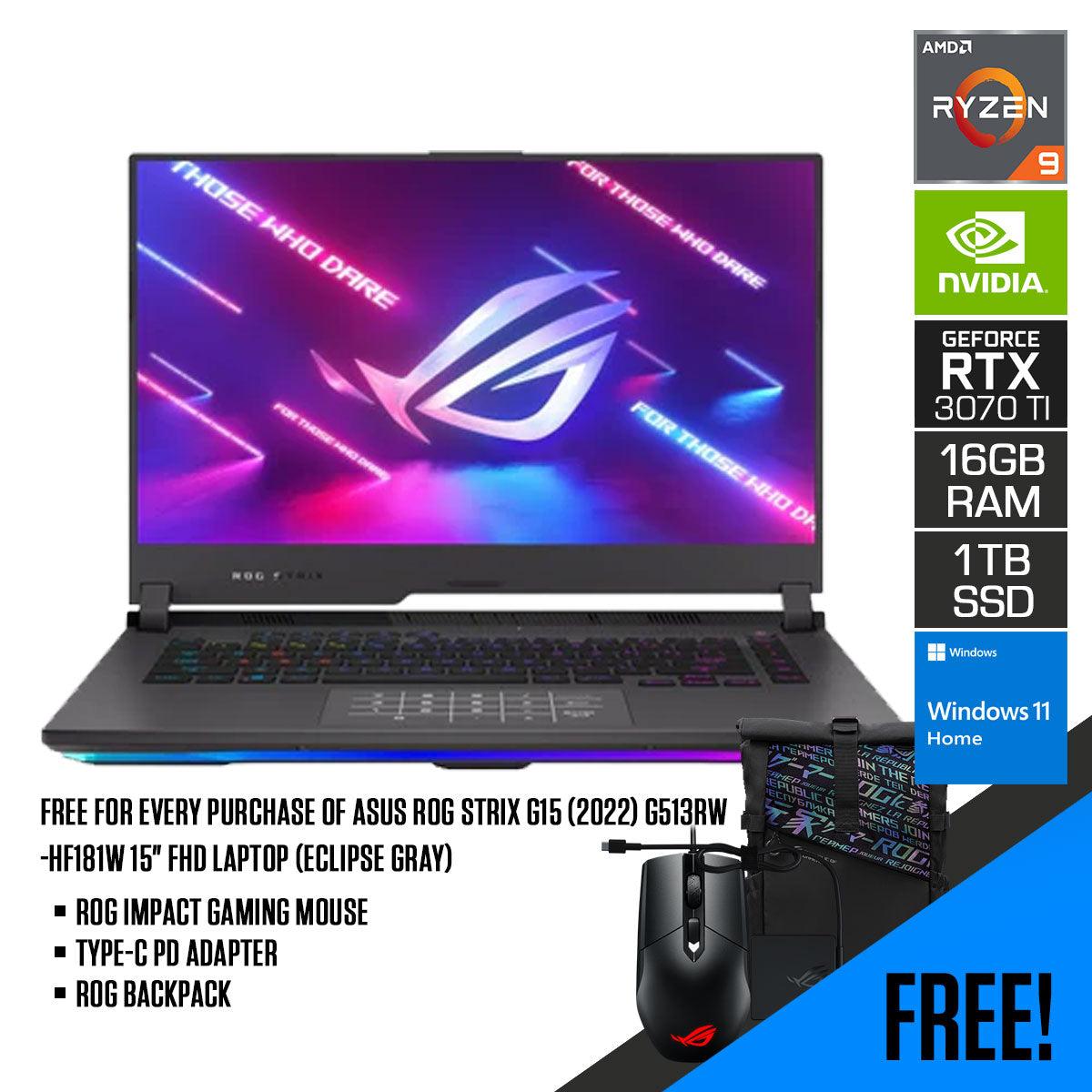 ASUS ROG Strix G15 (2022) G513RW-HF181W 15”  FHD Gaming Laptop (Eclipse Gray) | 15.6" FHD | Ryzen™ 9 6900HX | 16GB RAM DDR5 | 1TB SSD | RTX™ 3070 Ti | Windows 11 Home | ROG Backpack | ROG Impact Gaming Mouse | Type-C PD Adapter
