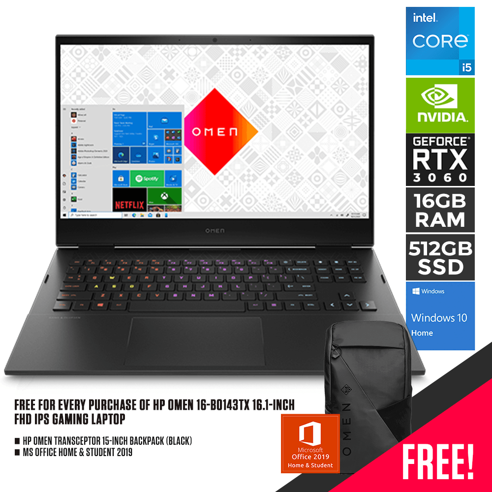 HP OMEN 16-B0143TX 16.1" FHD IPS GAMING LAPTOP |16.1" FHD | i5-11400H | 16GB DDR4 | 512GB SSD | RTX 3060 | WIN10 + HP OMEN TRANSCEPTOR BACKPACK (BLACK)