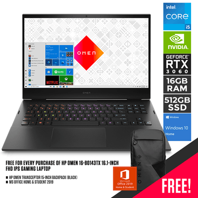 HP OMEN 16-B0143TX 16.1" FHD IPS GAMING LAPTOP |16.1" FHD | i5-11400H | 16GB DDR4 | 512GB SSD | RTX 3060 | WIN10 + HP OMEN TRANSCEPTOR BACKPACK (BLACK)