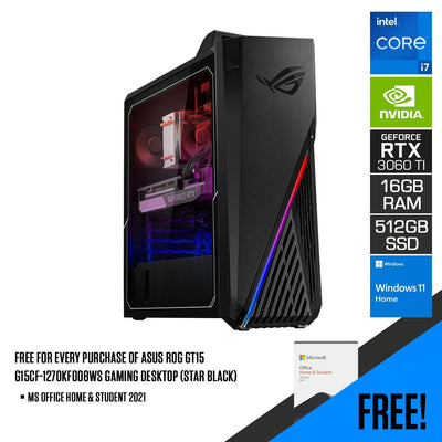 Asus ROG G15CF-1270KF007WS Gaming Desktop (Star Black) | i7-12700KF | 16 GB RAM DDR4 | 512 GB SSD | RTX3060Ti | Windows 11 Home | MS Office Home & Student 2021