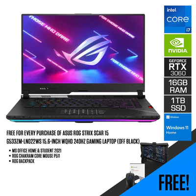 ASUS ROG STRIX SCAR 15 G533ZM-LN022WS 15.6-INCH WQHD 240HZ GAMING LAPTOP (OFF BLACK) + MS OFFICE H&S 2021 + ROG CHAKRAM CORE MOUSE P511 + ROG BACKPACK