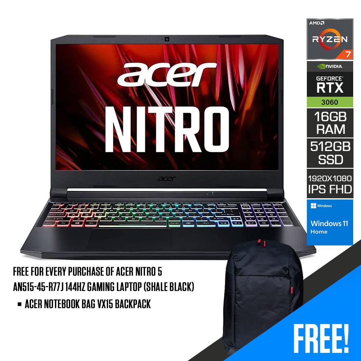 ACER NITRO 5 AN515-45-R77J 144HZ Gaming Laptop (Shale Black) | 15.6" IPS FHD 1920x1080 | RYZEN 7 5800H | 16GB DDR4 | 512GB SSD | RTX 3060 | WIN11 + ACER Notebook Bag VX15 Backpack