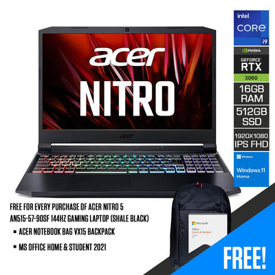 ACER NITRO 5 AN515-57-90SF 144HZ GAMING LAPTOP (SHALE BLACK) | 15.6" FHD | i9-11900H | 16GB DDR4 | 512GB SSD | RTX TM 3060 | WIN11  + ACER NOTEBOOK BAG VX15 BACKPACK