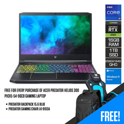 ACER PREDATOR HELIOS 300 PH315-54-96CB | 15.6" QHD | i9-11900H | 16GB DDR4 | 1TB SSD | RTX 3060 | WIN11 + PREDATOR BACKPACK BLUE + GAMING CHAIR LK-8103A