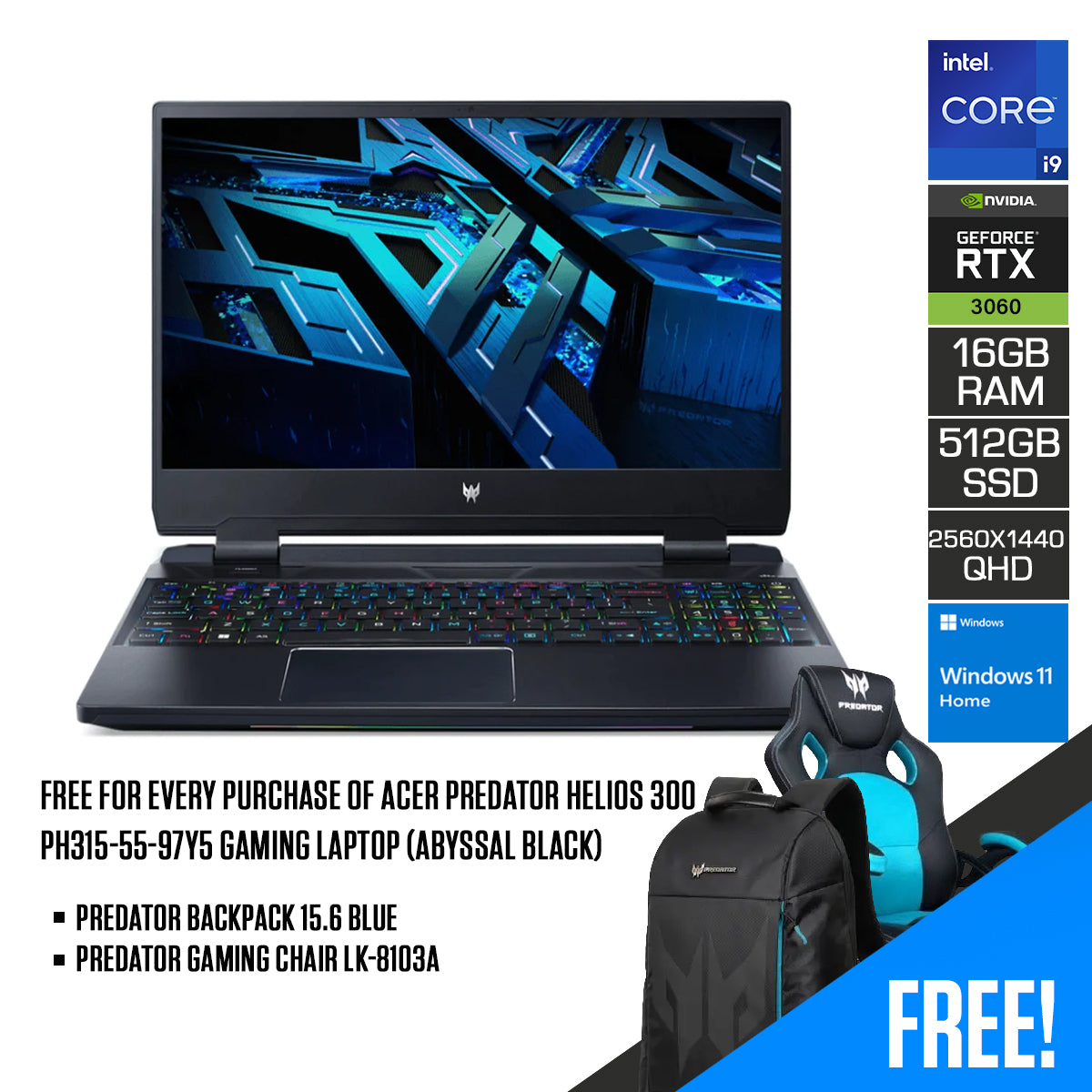 Acer Predator Helios 300 PH315-55-97Y5 Gaming Laptop (Abyssal Black) | 15.6” QHD  | i9-12900H | 16 GB RAM DDR5 | 512 GB SSD | RTX 3060 | Windows 11 Home | Predator Backpack 15.6 Blue | Predator Gaming Chair LK-8103A