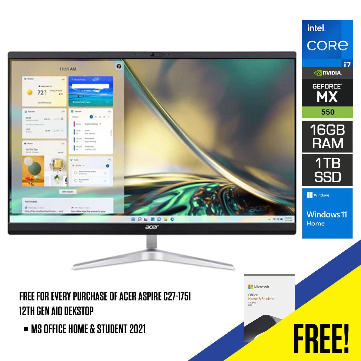 Acer Aspire C27-1751 12TH Gen AIO Desktop | 27”  FHD | Core i7-1260P | 16GB RAM | 1TB SSD |  Nvidia Geforce MX550 2GB | Windows 11 Home | MS Office Home & Student 2021