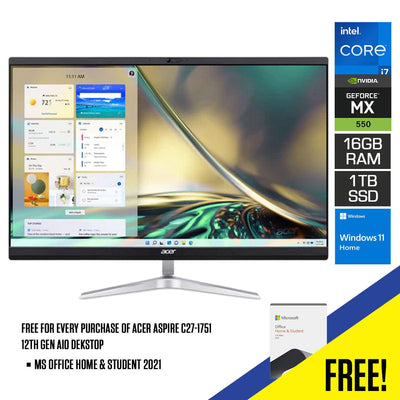 Acer Aspire C27-1751 12TH Gen AIO Desktop | 27”  FHD | Core i7-1260P | 16GB RAM | 1TB SSD |  Nvidia Geforce MX550 2GB | Windows 11 Home | MS Office Home & Student 2021