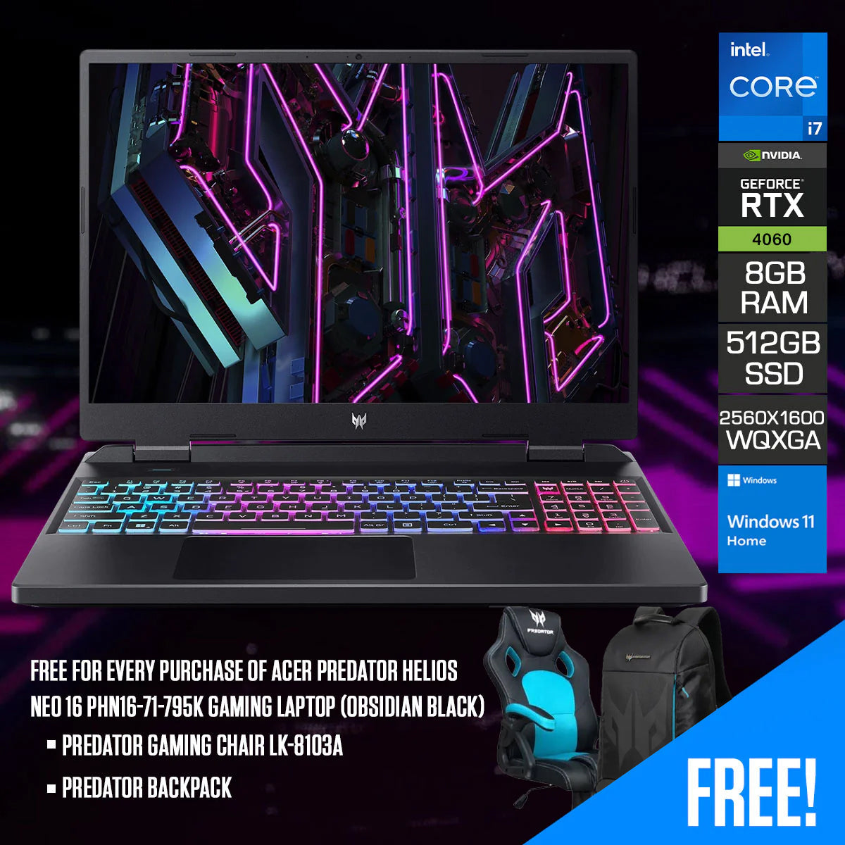 Acer Predator Helios Neo 16 PHN16-71-795K Gaming Laptop (Obsidian Black) | 16” WQXGA (2560 x 1600) 165Hz | i7 13700HX | 8GB RAM | 512GB SSD | RTX 4060 | Windows 11 Home | Predator Backpack | Predator Gaming Chair LK-8103A