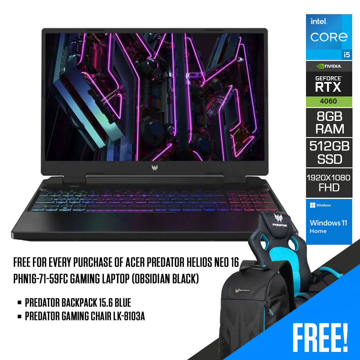Acer Predator Helios Neo 16 PHN16-71-59FC Gaming Laptop (Obsidian Black) | 16” FHD (1920 x1080) 165Hz | i5-13500HX | 8GB RAM | 512GB SSD | RTX 4060 | Windows 11 Home | Predator Backpack | Predator Gaming Chair LK-8103A