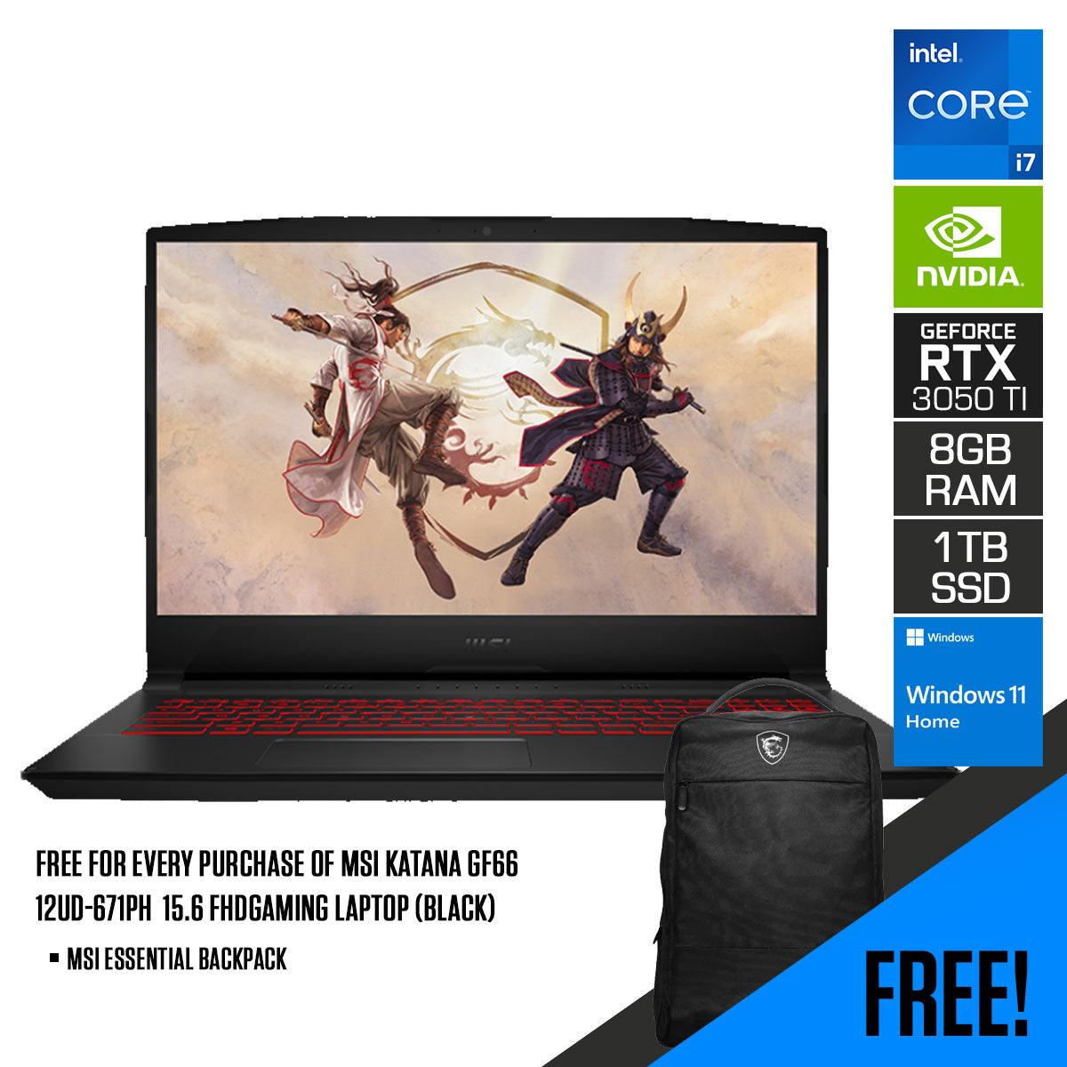 MSI Katana GF66 12UD-671PH Gaming Laptop (Black) | 15.6 FHD | i7-12650H | 8GB DDR4 | 1TB SSD | RTX 3050Ti | Windows 11 Home | MSI Essential Backpack