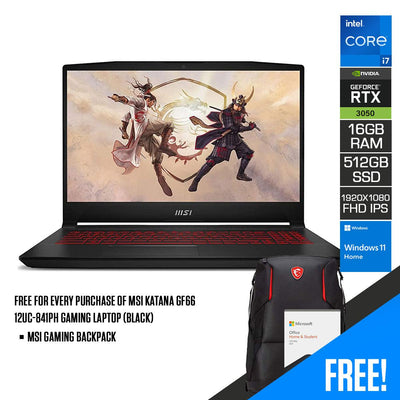 MSI Katana GF66 12UC-841PH Gaming Laptop (Black) | 15.6 FHD | i7-12700H | 8GB DDR4 | 512GB SSD | RTX 3050 | Windows 11 Home | MSI Gaming Backpack