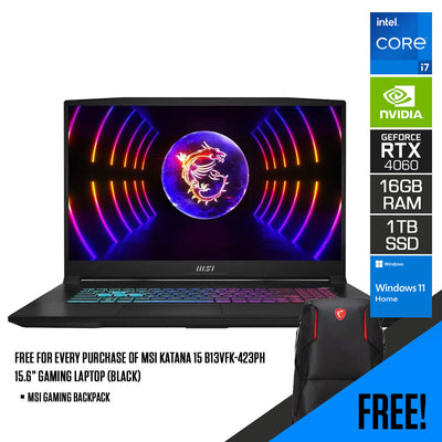 MSI Katana 15 B13VFK-423PH Gaming Laptop (Black) | 15.6” 1920 x 1080 FHD | i7-13620H | 16 GB RAM | 1 TB SSD | RTX 4060 | Windows 11 | MSI Gaming Backpack
