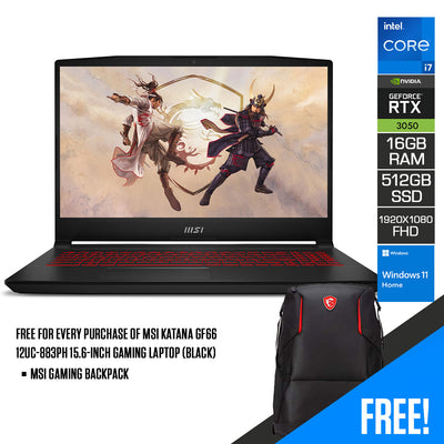 MSI Katana GF66 12UC-883PH Gaming Laptop (Black) | 1920 x 1080 | 15.6 FHD | i7-12650H | 16GB DDR4 | 512GB SSD | RTX 3050 | Windows 11 Home | MSI Gaming Backpack