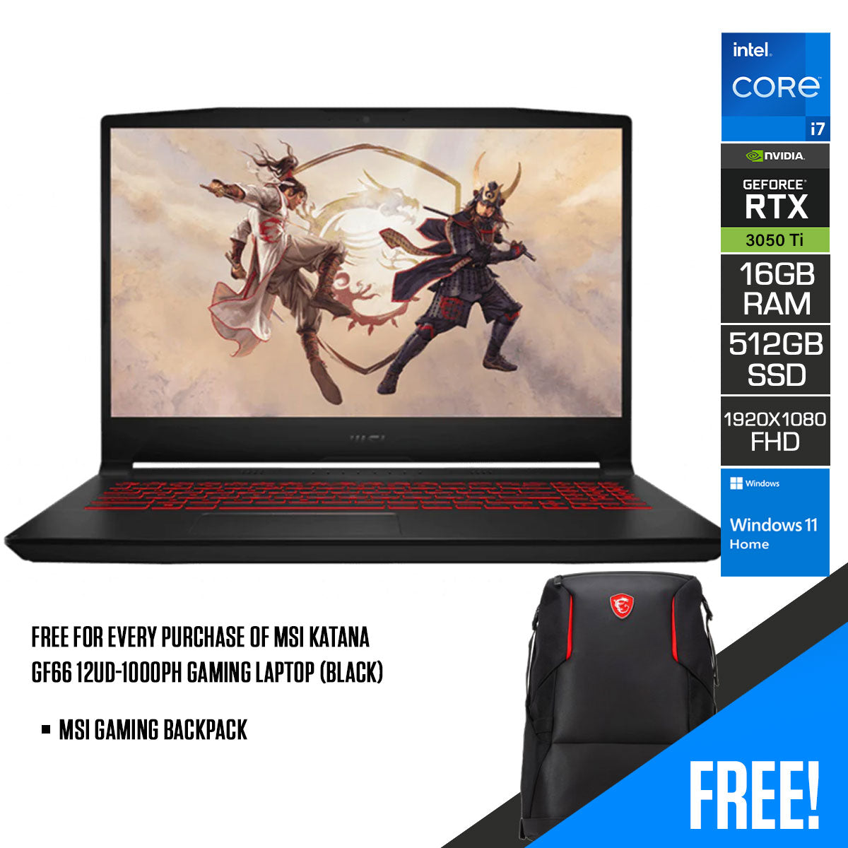 MSI Katana GF66 12UD-1000PH Gaming Laptop (Black) | 15.6" FHD (1920x1080) | i7 12650H | 16GB DDR4 | 512GB SSD | RTX 3050 Ti | Windows 11 | MSI Gaming Backpack