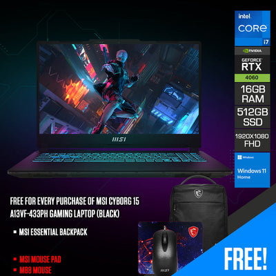 MSI Cyborg 15 A13VF-433PH Gaming Laptop (Black) | 15.6" FHD (1920x1080) | 144Hz IPS | Raptor Lake i7-13620H | 16GB RAM | 512GB SSD | RTX 4060 | Windows 11 Home | MSI Essential Backpack