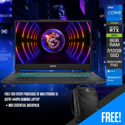 MSI Cyborg 15 A12VE-444PH Gaming Laptop | 15.6" FHD (1920x1080) | 144Hz IPS | i7 12650H | 8GB RAM | 512GB SSD | RTX 4050 | Windows 11 Home | MSI Essential Backpack