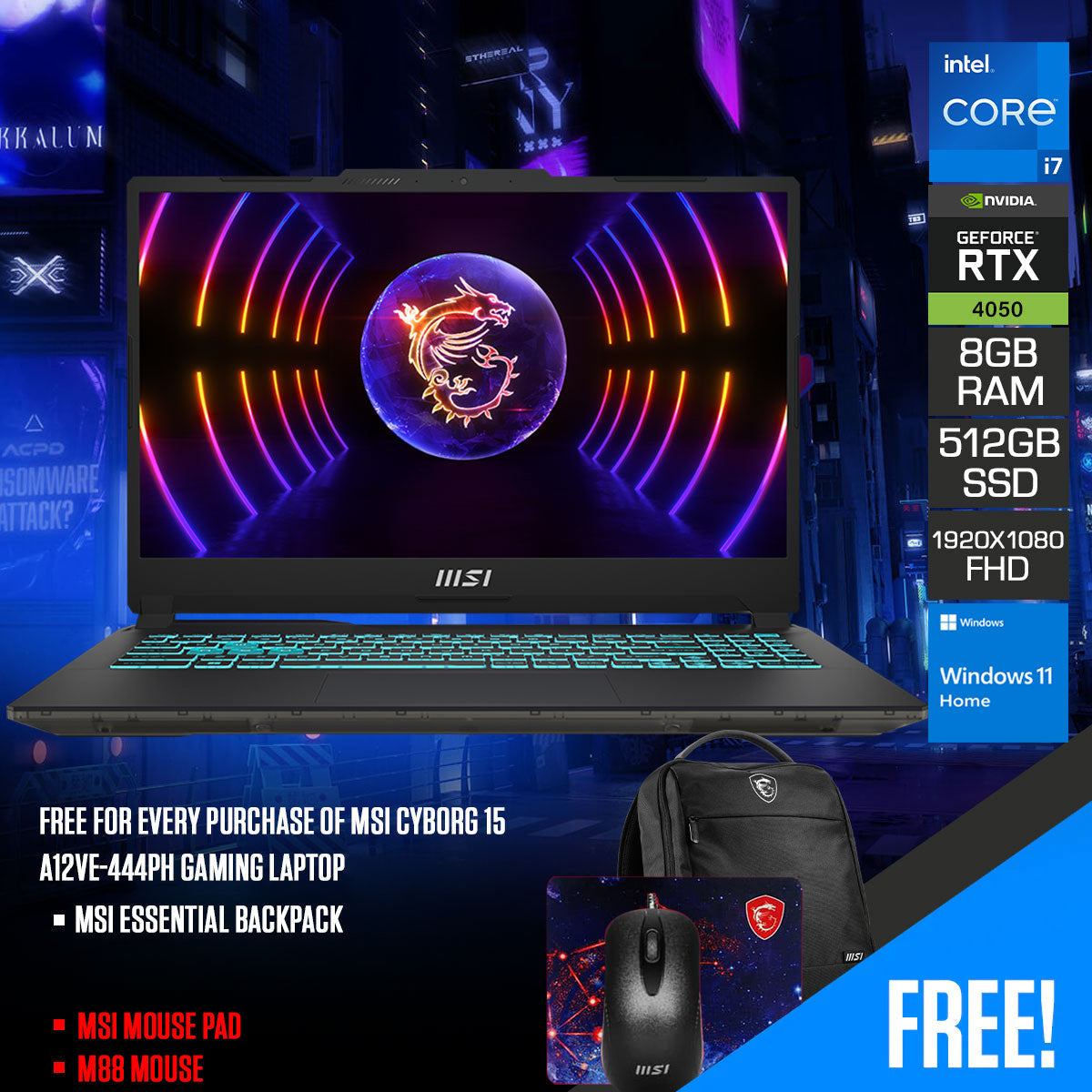 MSI Cyborg 15 A12VE-444PH Gaming Laptop | 15.6" FHD (1920x1080) | 144Hz IPS | i7 12650H | 8GB RAM | 512GB SSD | RTX 4050 | Windows 11 Home | MSI Essential Backpack