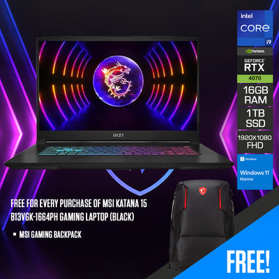 MSI Katana 15 B13VGK-1664PH Gaming Laptop (Black) | 15.6" FHD (1920x1080) 144Hz IPS | i9-13900H | 16GB RAM | 1TB SSD | RTX 4070 | Windows 11 Home | MSI Gaming Backpack