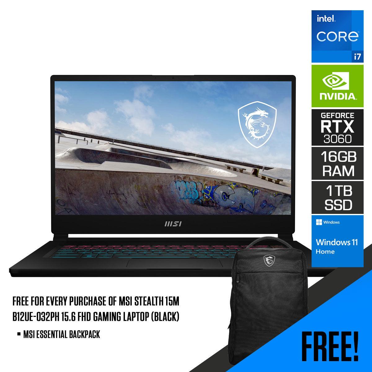 MSI Stealth 15M B12UE-032PH Gaming Laptop (Black) | 15.6 FHD | i7-1280P | 16GB DDR4 | 1TB SSD | RTX 3060 | Windows 11 | MSI Essential Backpack