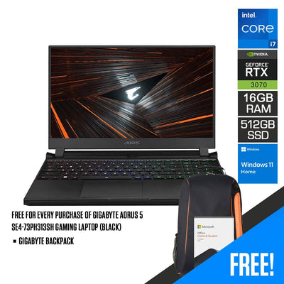 Gigabyte Aorus 5 SE4-73PH313SH Gaming Laptop (Black) | 15.6”  FHD | 16GB RAM DDR4 | 512 GB SSD | RTX™ 3070 | Windows 11 Home | Gigabyte Backpack