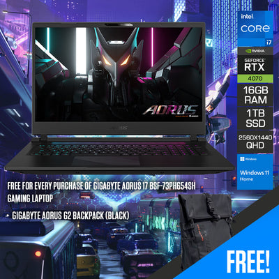 Gigabyte Aorus 17 BSF-73PH654SH Gaming Laptop (Black) | 17.3" QHD (2560x1440) 240Hz | i7 13700H | 16GB RAM | RTX 4070 | 1TB SSD | Windows 11 Home | Gigabyte Aorus G2 Backpack