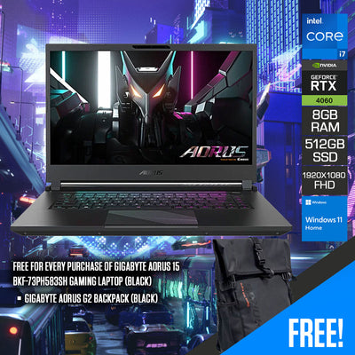 Gigabyte Aorus 15 BKF-73PH583SH Gaming Laptop (Black) | 15.6" FHD 1920 x 1080 360Hz | i7 13700H | RTX 4060 | 8GB DDR5 | 512GB SSD | Windows 11 Home | Gigabyte Aorus G2 Backpack (Black)