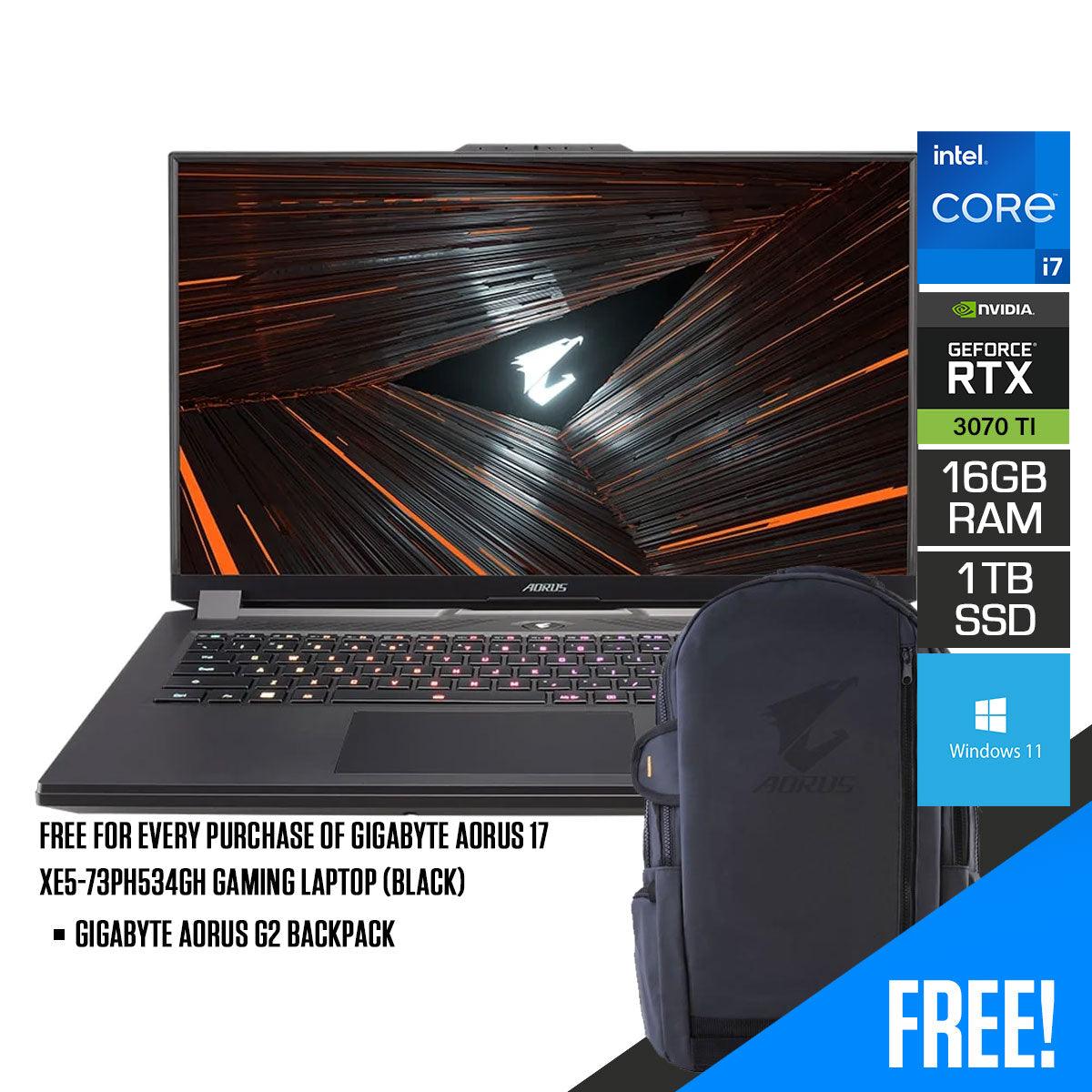 Gigabyte Aorus 17 XE5-73PH534GH Gaming Laptop (Black) | 17.3" FHD | i7-12700H | 16GB DDR5 | 1 TB SSD | RTX™ 3070 Ti | Windows 11 | Gigabyte Aorus G2 Backpack | AORUS H1 HEADSET | AORUS M4 RGB MOUSE