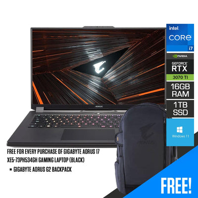 Gigabyte Aorus 17 XE5-73PH534GH Gaming Laptop (Black) | 17.3" FHD | i7-12700H | 16GB DDR5 | 1 TB SSD | RTX™ 3070 Ti | Windows 11 | Gigabyte Aorus G2 Backpack | AORUS H1 HEADSET | AORUS M4 RGB MOUSE