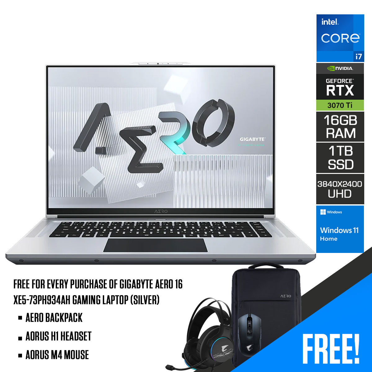 Gigabyte Aero 16 XE5-73PH934AH Gaming Laptop (Silver) | 16” UHD (3840x2400) | i7-12700H | 16GB DDR5 | 1TB SSD | RTX 3070Ti | Windows 11 Home | Aero Backpack | Aorus M4 Mouse | Aorus H1 Headset