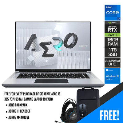 Gigabyte Aero 16 XE5-73PH934AH Gaming Laptop (Silver) | 16” UHD (3840x2400) | i7-12700H | 16GB DDR5 | 1TB SSD | RTX 3070Ti | Windows 11 Home | Aero Backpack | Aorus M4 Mouse | Aorus H1 Headset
