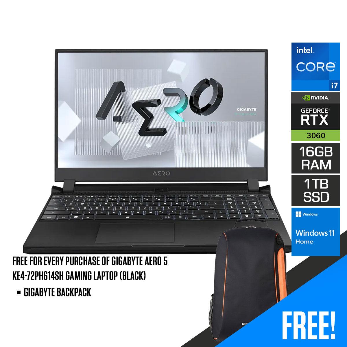 Gigabyte AERO 5 KE4-72PH614SH Gaming Laptop (Black) | 15.6" UHD | i7-12700H | 16GB DDR4 | 1 TB SSD | RTX 3060 | Windows 11 Home + Gigabyte Backpack