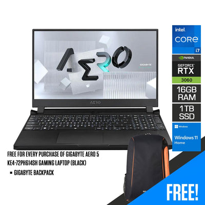 Gigabyte AERO 5 KE4-72PH614SH Gaming Laptop (Black) | 15.6" UHD | i7-12700H | 16GB DDR4 | 1 TB SSD | RTX 3060 | Windows 11 Home + Gigabyte Backpack