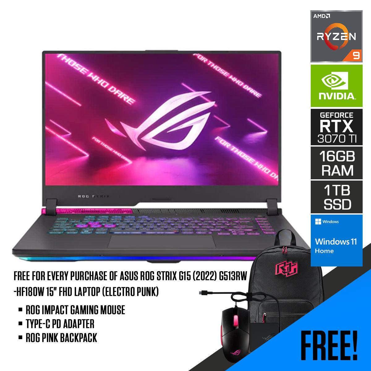 Asus ROG Strix G15 (2022) G513RW-HF180W Laptop (Electro Punk) | 15.6" FHD | Ryzen 9 6900HX | 16GB RAM | 1TB M.2 SSD | RTX 3070 Ti | Windows 11 Home | Pink Backpack | Strix Impact II Electro Punk Mouse | Type-C PD Adapter