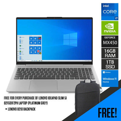 LENOVO Ideapad Slim 5I 82FG01F2PH Laptop (Platinum Grey) | 15.6" FHD | i7-1165G7 | 16GB DDR4 | 1TB SSD | MX450 | Windows 11 Home | LENOVO B210 Backpack