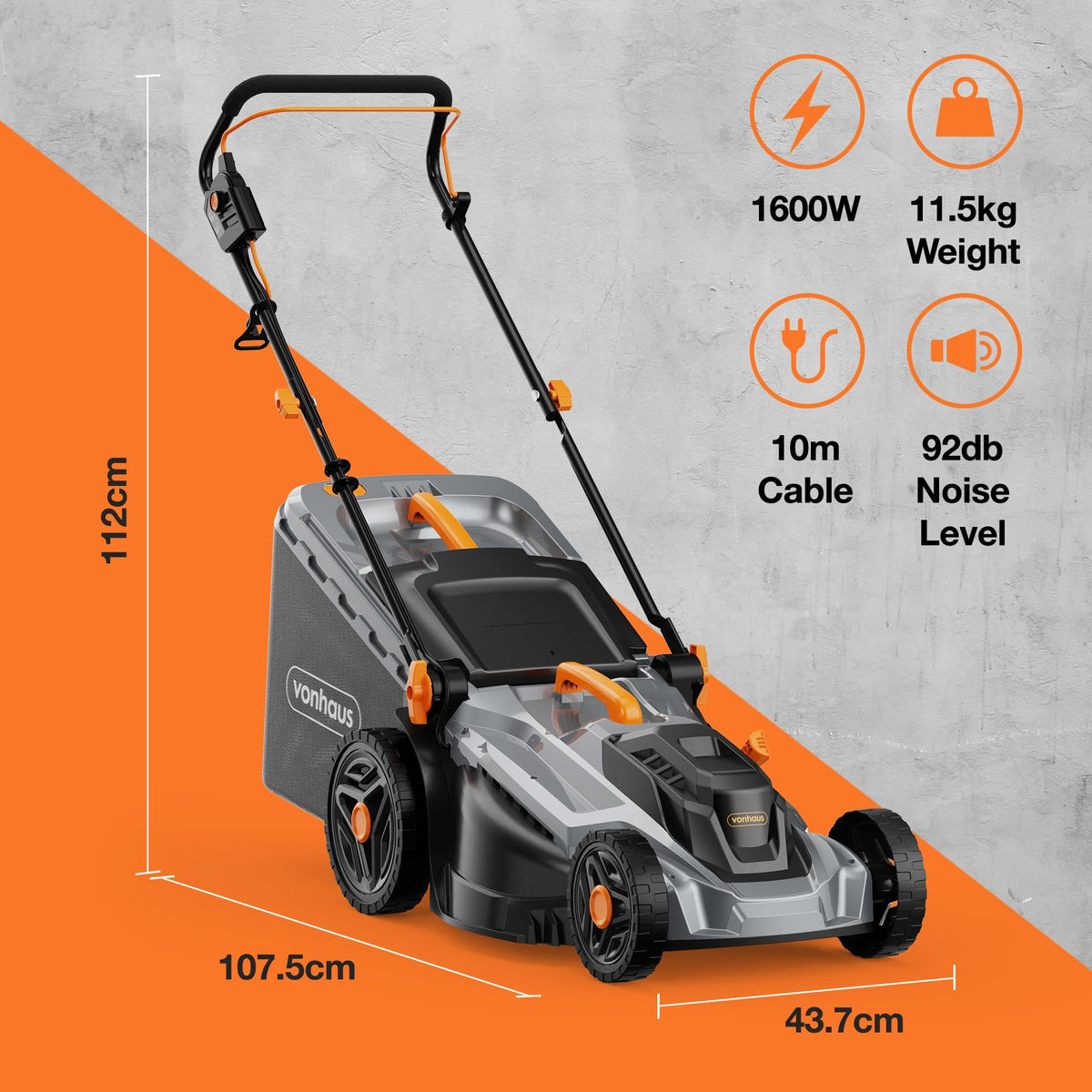 VonHaus Lawnmower 1600W – Electric Corded Lawn Mower for all Types of Grass – 42L Collection Bag, 380mm Working Width, 10m Cable, Foldable Height Adjustable Handlebar, 5 Depth Settings, Carry Handle