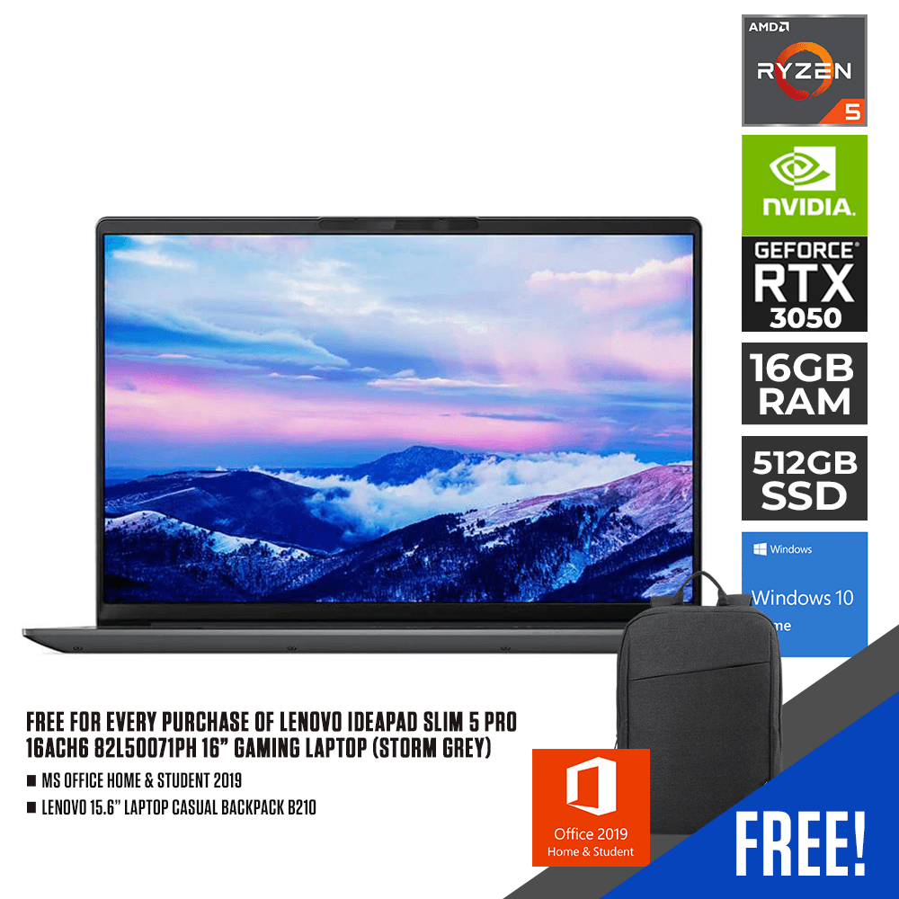 LENOVO IDEAPAD SLIM 5 PRO 16ACH6 82L50071PH LAPTOP (STORM GREY) | 16" FHD | RYZEN 5 5600H | 16GB DDR4 | 512GB SSD | RTX 3050 | WIN10 + LENOVO LAPTOP CASUAL BACKPACK B210 + LENOVO MONITOR D24-20