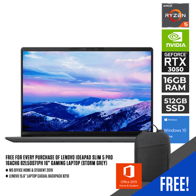 LENOVO IDEAPAD SLIM 5 PRO 16ACH6 82L50071PH LAPTOP (STORM GREY) | 16" FHD | RYZEN 5 5600H | 16GB DDR4 | 512GB SSD | RTX 3050 | WIN10 + LENOVO LAPTOP CASUAL BACKPACK B210 + LENOVO MONITOR D24-20