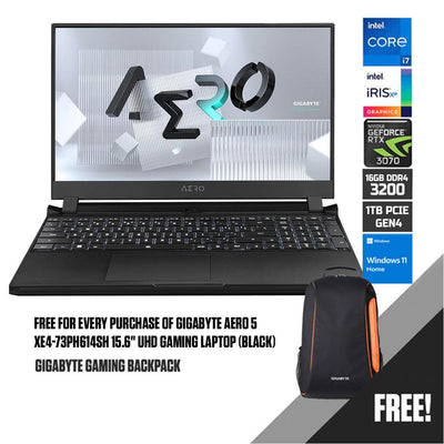 Gigabyte AERO 5 XE4-73PH614SH Gaming Laptop (Black) | 15.6" UHD | i7-12700H | 16GB DDR4 | 1 TB SSD | RTX™ 3070 Ti | Windows 11 Home + Gigabyte Backpack