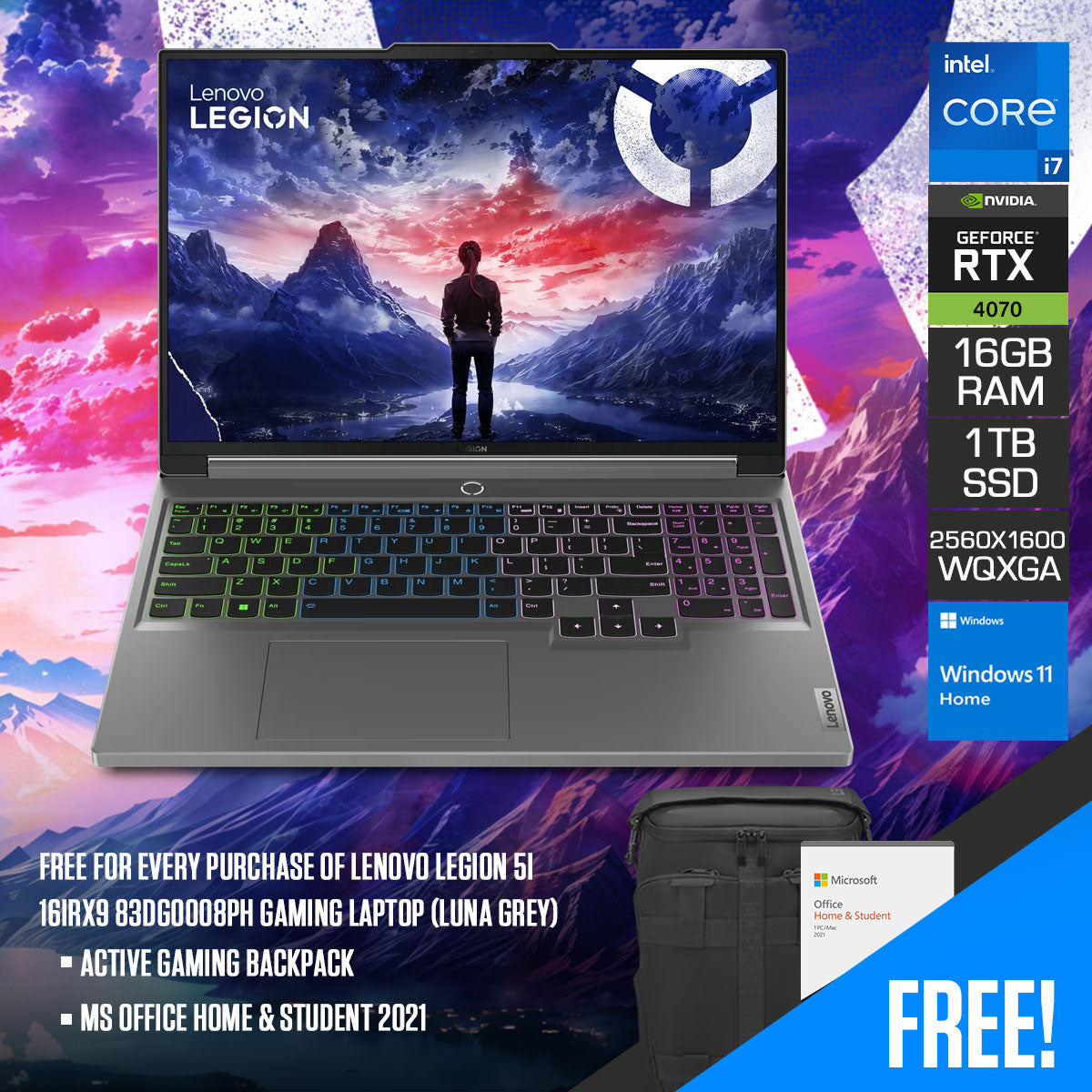 Lenovo Legion 5i 16IRX9 83DG0008PH Gaming Laptop (Luna Grey) | 16" WQXGA (2560x1600) 240Hz  | i7-14650HX | 16GB RAM | 1TB SSD | RTX 4070 | 1080P Camera | Windows 11 Home | MS Office Home & Student 2021 | Active Gaming Backpack