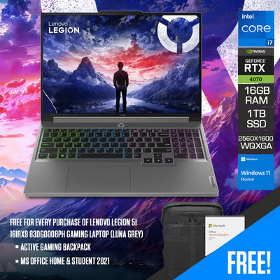 Lenovo Legion 5i 16IRX9 83DG0008PH Gaming Laptop (Luna Grey) | 16" WQXGA (2560x1600) 240Hz  | i7-14650HX | 16GB RAM | 1TB SSD | RTX 4070 | 1080P Camera | Windows 11 Home | MS Office Home & Student 2021 | Active Gaming Backpack