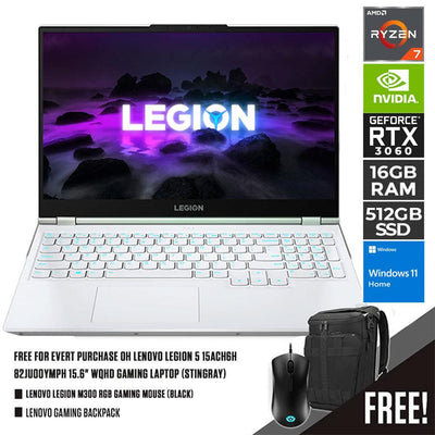 Lenovo Legion 5 15ACH6H 82JU00YMPH Gaming Laptop (Stingray)  | 15.6" WQHD | Ryzen 7 5800H | 16GB RAM DDR4 | 512 SSD | RTX 3060| WINDOWS 11 HOME + M300 RGB Gaming Mouse + Active Gaming Backpack (GX41C86982)