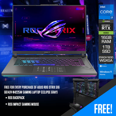 Asus ROG Strix G16 G614JV-N4225W Gaming Laptop (Eclipse Gray) | 16" WQXGA 240Hz (2560x1600) | i7-13650HX | 16GB RAM | 1TB SSD | RTX™ 4060 | Windows 11 Home | ROG Backpack | ROG Impact Gaming Mouse