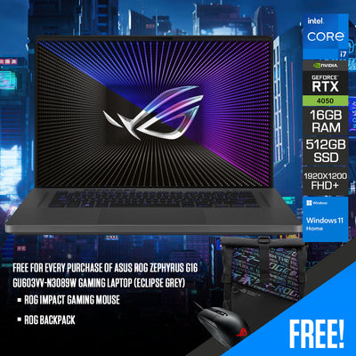 Asus ROG Zephyrus G16 GU603VV-N3089W Gaming Laptop (Eclipse Grey) | 16" FHD+ (1920X1200) 165HZ | I7-13620H | 16GB RAM  | 512GB SSD | RTX 4060 | Windows 11 Home  | ROG Backpack | ROG Impact Gaming Mouse