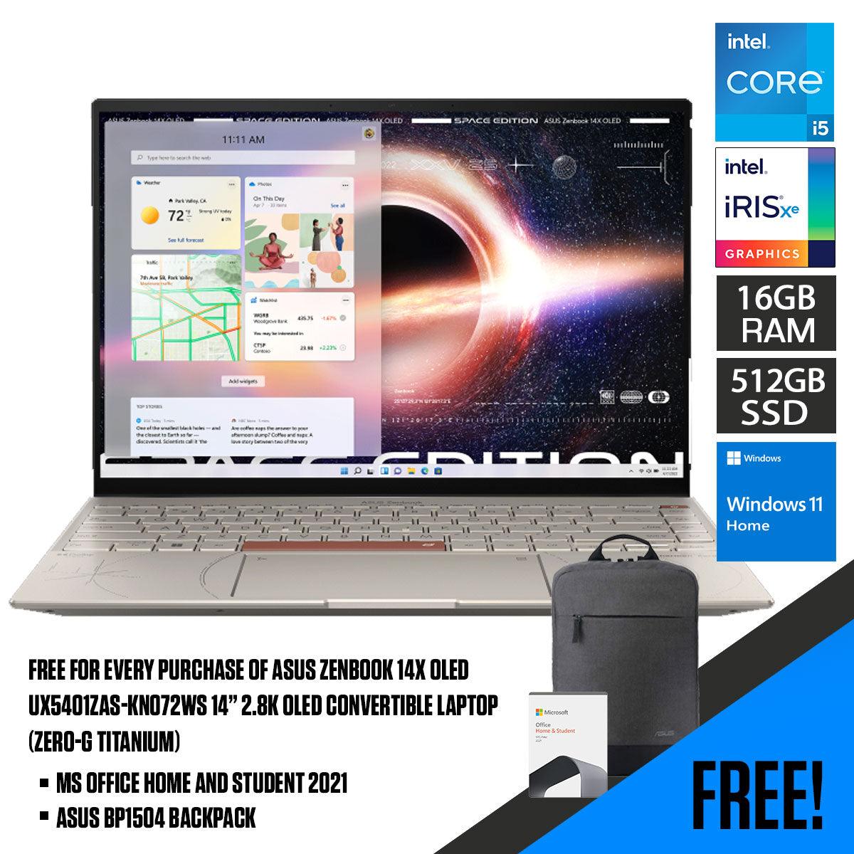 ASUS Zenbook 14X Space Edition UX5401ZAS-KN072WS Convertible Laptop (Zero-g Titanium) | 14”  2.8K Oled | i5-12500H | 16GB LPDDR5 | 512 GB SSD | Iris Xᵉ Graphics | Windows 11 Home | MS Office H&S 2021 | ASUS BP1504 Backpack