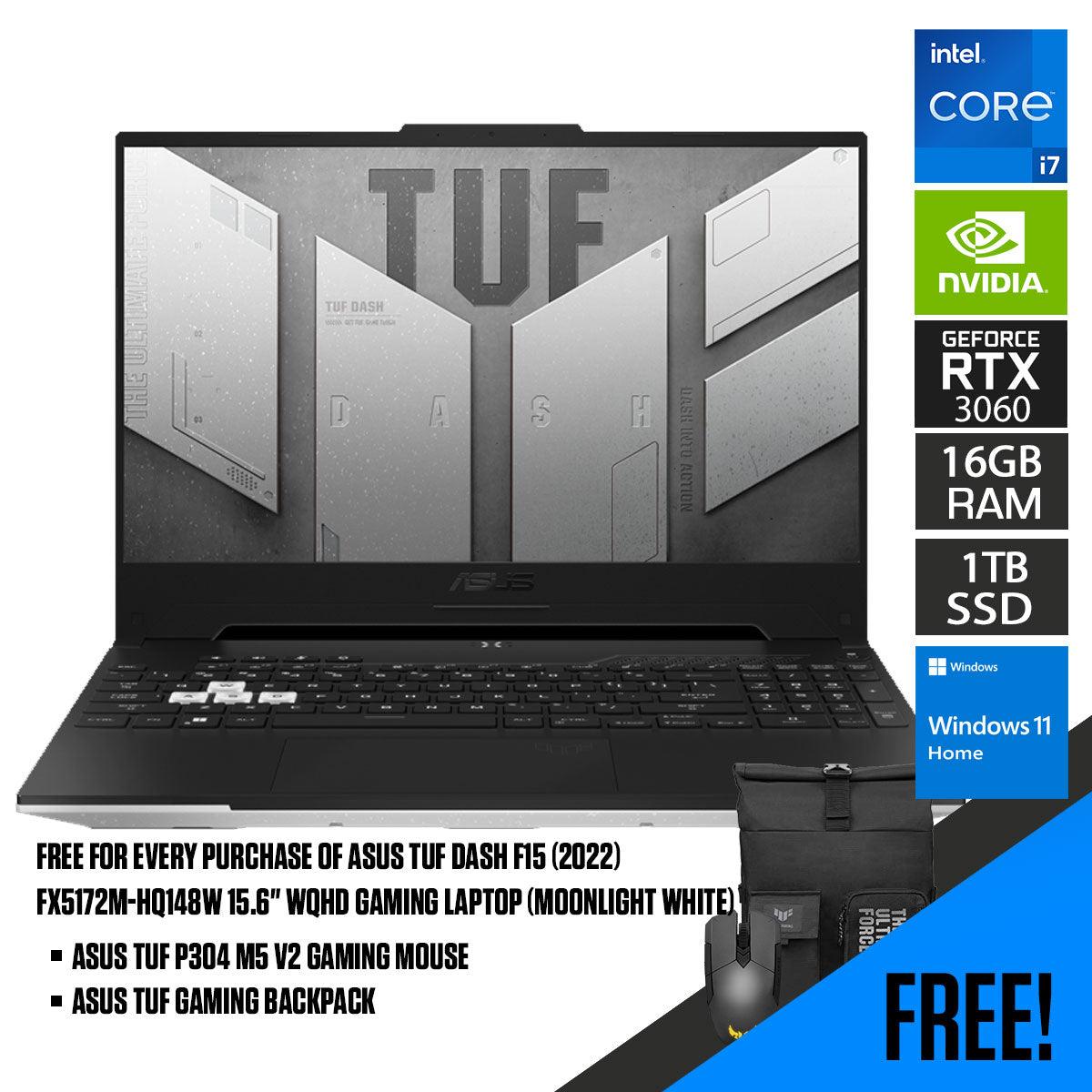 ASUS TUF Dash F15 (2022) FX517ZM-HQ148W  Gaming Laptop (Moonlight White) | 15.6" WQHD | i7-12650H | 16GB RAM DDR5 | 1 TB SSD | Windows 11 Home | TUF Gaming Backpack | ASUS TUF P304 M5 V2 Gaming Mouse
