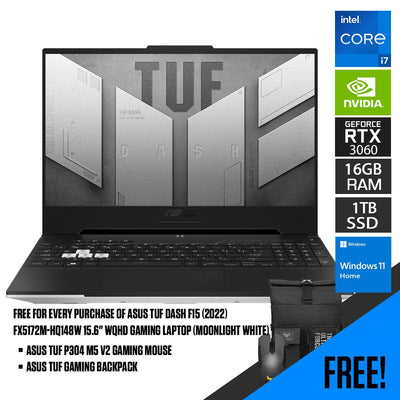 ASUS TUF Dash F15 (2022) FX517ZM-HQ148W  Gaming Laptop (Moonlight White) | 15.6" WQHD | i7-12650H | 16GB RAM DDR5 | 1 TB SSD | Windows 11 Home | TUF Gaming Backpack | ASUS TUF P304 M5 V2 Gaming Mouse