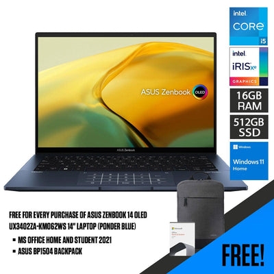 ASUS Zenbook 14 Oled UX3402ZA-KM062WS Laptop (Ponder Blue) | 14" 2.8K Oled |  i5-1240P | 16GB LPDDR5 | 512 GB SSD | Iris Xᵉ Graphics | Windows 11 Home | MS Office Home & Student 2021 | ASUS BP1504 Casual Backpack